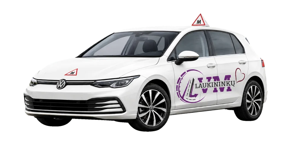 Baltas Laukininkų vairavimo mokyklos Volkswagen Golf mokomasis automobilis